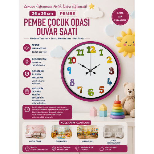 36 cm Pembe Çocuk Odası Duvar Saati – Çocuk Odası Renkli Rakamlı (PP-3694P)