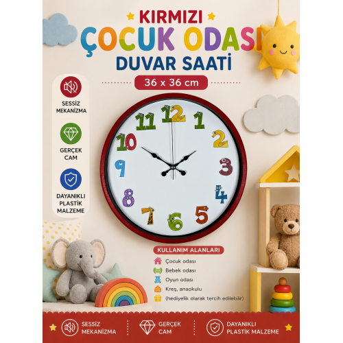 36 cm Kırmızı Çocuk Odası Duvar Saati – Çocuk Odası Renkli Rakamlı (PP-3694R)