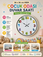 36 cm Krem Çocuk Odası Duvar Saati – Çocuk Odası Renkli Rakamlı (PP-3694X)