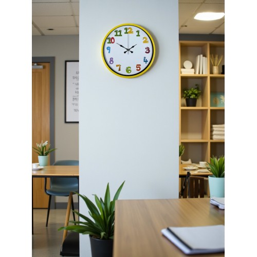 36 cm Sarı Çocuk Odası Duvar Saati – Çocuk Odası Renkli Rakamlı (PP-3694Y)