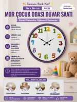 36 cm Mor Çocuk Odası Duvar Saati – Çocuk Odası Renkli Rakamlı (PP-3694Z)