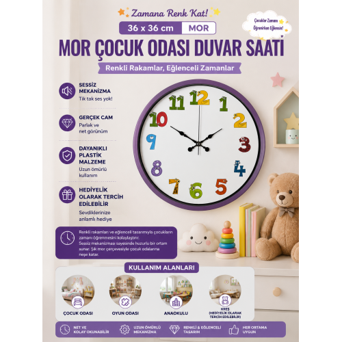 36 cm Mor Çocuk Odası Duvar Saati – Çocuk Odası Renkli Rakamlı (PP-3694Z)