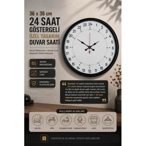 36 cm Siyah 24 Saat Göstergeli Duvar Saati