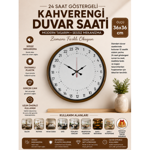 36 cm Kahverengi 24 Saat Göstergeli Özel Tasarım Duvar Saati