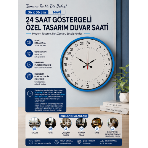 36 cm Mavi 24 Saat Göstergeli Özel Tasarım Duvar Saati