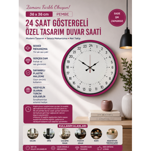 36 cm Pembe 24 Saat Göstergeli Özel Tasarım Duvar Saati