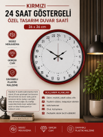 36 cm Kırmızı 24 Saat Göstergeli Özel Tasarım Duvar Saati