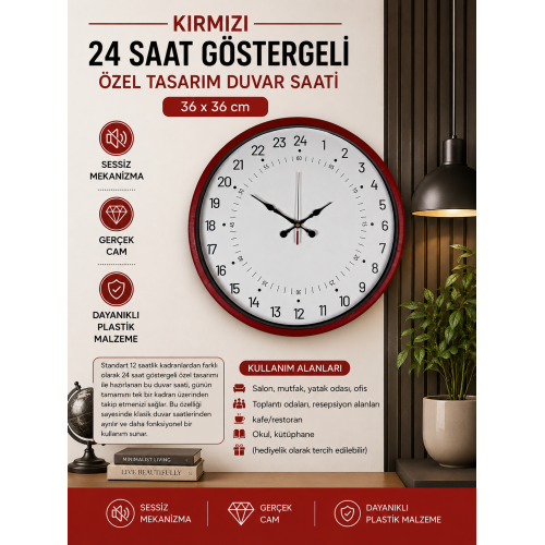 36 cm Kırmızı 24 Saat Göstergeli Özel Tasarım Duvar Saati