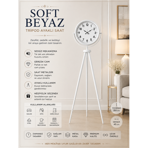 Soft White Dekoratif Tripod Ayaklı Saat