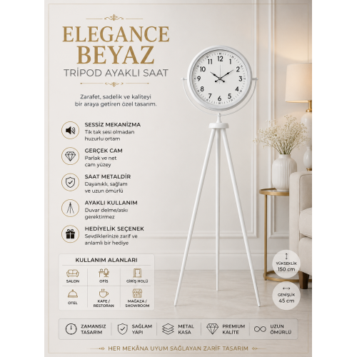 Elegance Beyaz Tripod Ayaklı Saat