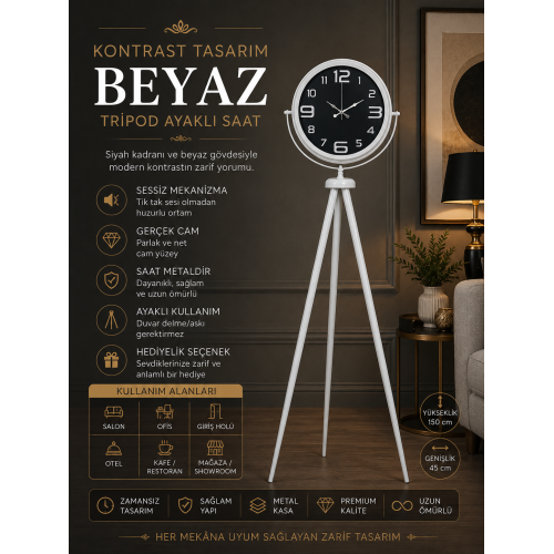 Kontrast Tasarım Beyaz Tripod Ayaklı Saat