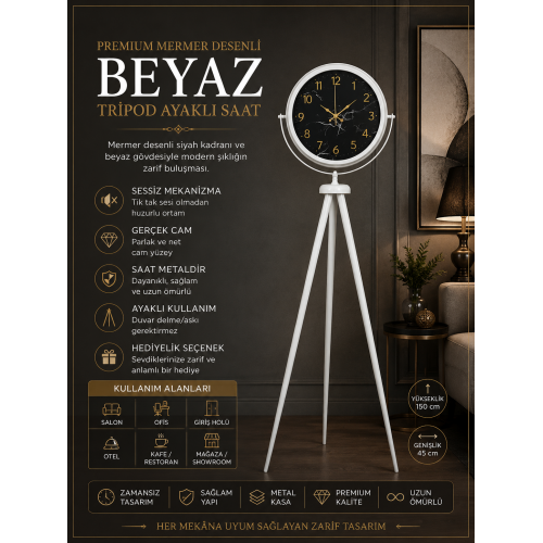 Premium Mermer Desenli Tripod Ayaklı Saat