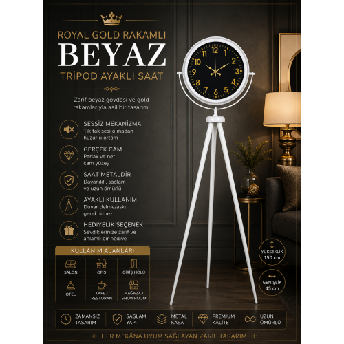 Royal Gold Rakamlı Beyaz Tripod Ayaklı Saat