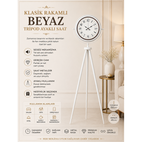 Klasik Rakamlı Beyaz Tripod Ayaklı Saat