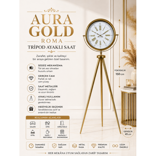 Aura Gold Tripod Ayaklı Dekoratif Saat