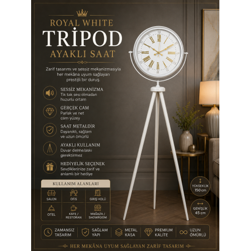 Royal White Gold Roma Rakam Tripod Ayaklı Saat