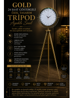 24 Saat Göstergeli Özel Tasarım Gold Tripod Ayaklı Duvar Saati