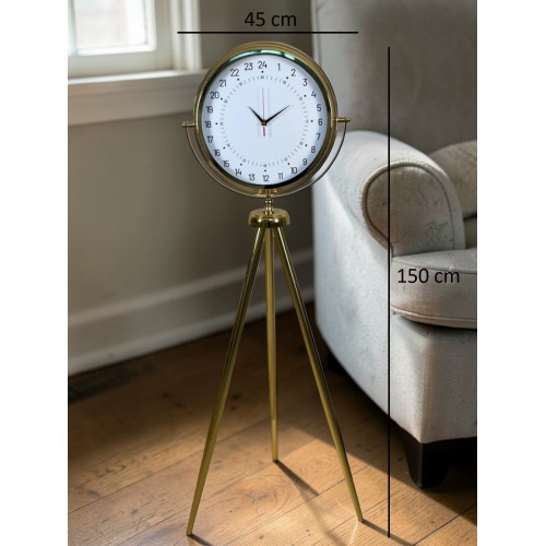 24 Saat Göstergeli Özel Tasarım Gold Tripod Ayaklı Duvar Saati