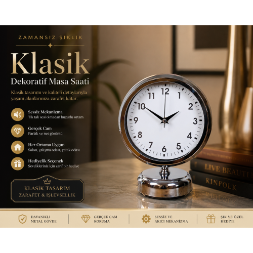 Noble Time 25 x 20 cm Metal Krom Masa Saati – Klasik Seri