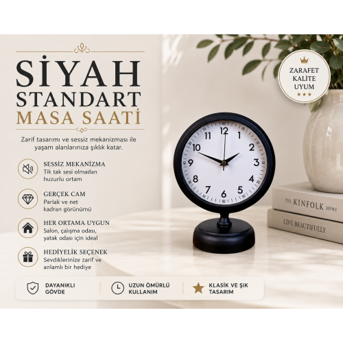 Siyah Standart 25 x 20 cm Metal Şık Masa Saati