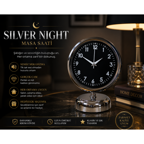 Silver Night 25 x 20 cm Krom Zarif Masa Saati