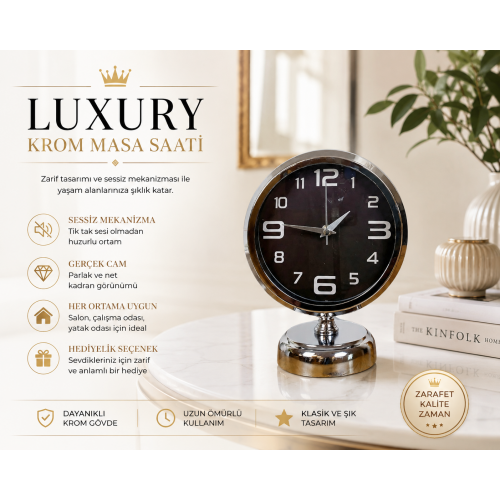 Luxury Krom 25 x 20 cm Metal Zarif Masa Saati