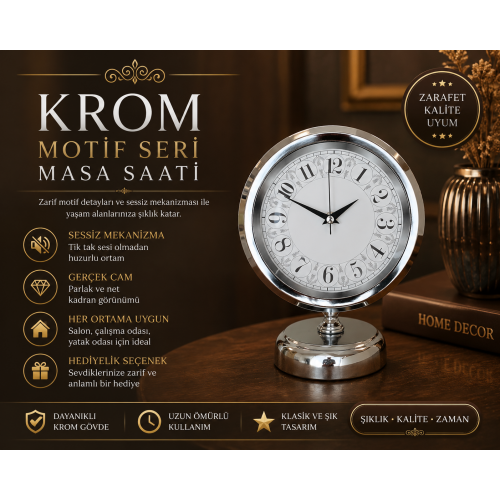 Classic Series Silver 25 x 20 cm Metal Krom Masa Saati