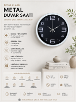 Beyaz 40 cm Metal Modern Duvar Saati