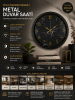 Siyah 40 cm Mermer Desenli Metal Duvar Saati