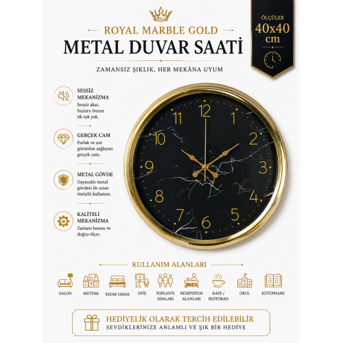 Royal Marble Gold 40 cm Metal Duvar Saati