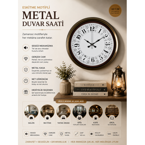 Eskitme Motifli 40 cm Metal Duvar Saati