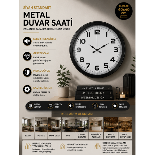 Black Simplex 40 cm Metal Duvar Saati