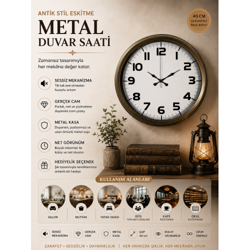 Antik Stil Eskitme 40 cm Metal Duvar Saati