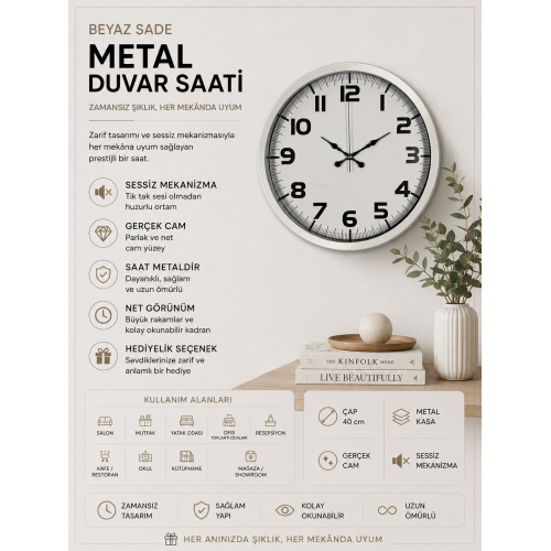 Sade Tasarım Beyaz 40 cm Metal Duvar Saati