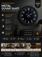 Midnight Black 40 cm Metal Duvar Saati