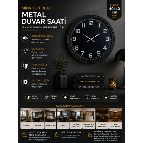 Midnight Black 40 cm Metal Duvar Saati
