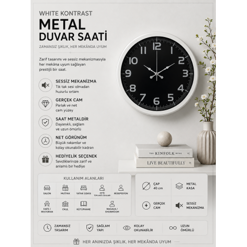 White Contrast 40 cm Metal Duvar Saati