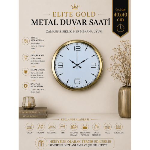 Elite Gold 40 cm Metal Duvar Saati