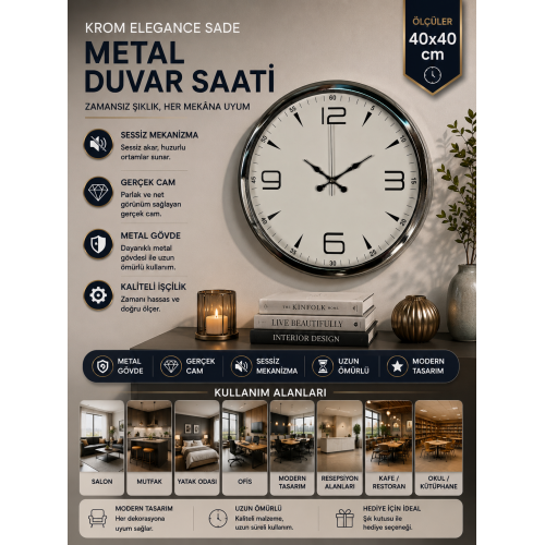 Krom Elegance 40 cm Metal Duvar Saati