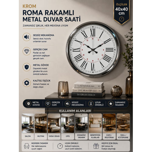Silver Elegance 40 cm Krom Metal Duvar Saati