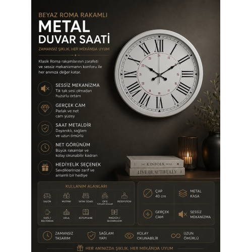 Beyaz 40 cm Roma Rakamlı Şık Duvar Saati