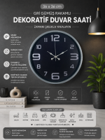 36 cm Gri Dekoratif Duvar Saati – Geniş Rakamlı Koyu Kadran