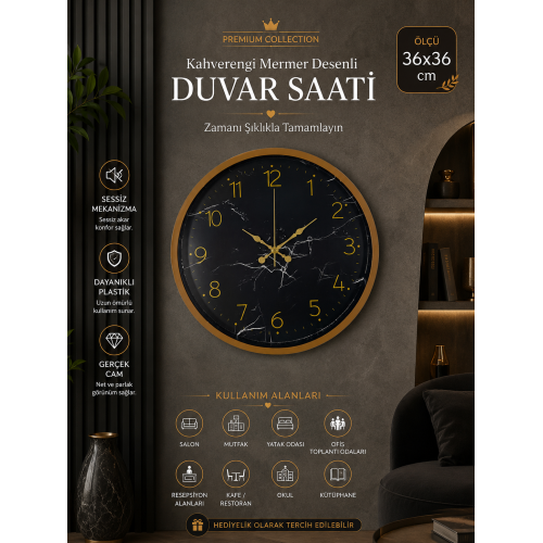 Kahverengi Mermer Desenli 36 cm Duvar Saati