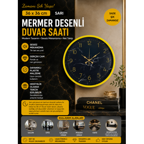 Sarı 36 cm Mermer Desenli Duvar Saati
