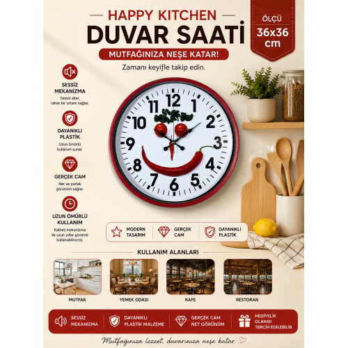 Kırmızı Happy Kitchen 36 cm Mutfak Duvar Saati