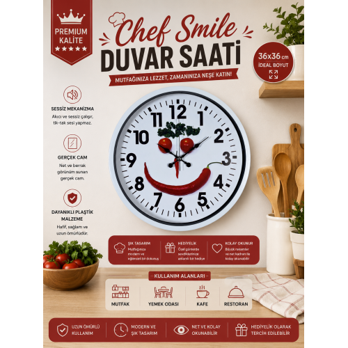 Beyaz Chef Smile 36 cm Duvar Saati