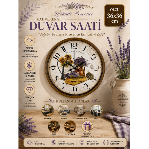 Lavande Provence 36 cm Kahverengi Duvar Saati