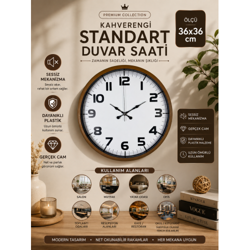 Kahverengi 36 cm Standart Duvar Saati – Standart Rakamlı