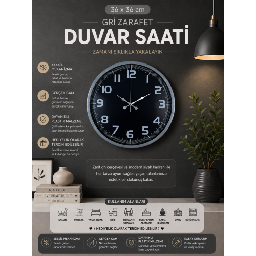 Gri Zarafet 36 cm Duvar Saati