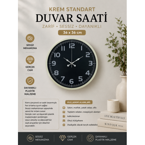 Krem 36 cm Standart Duvar Saati